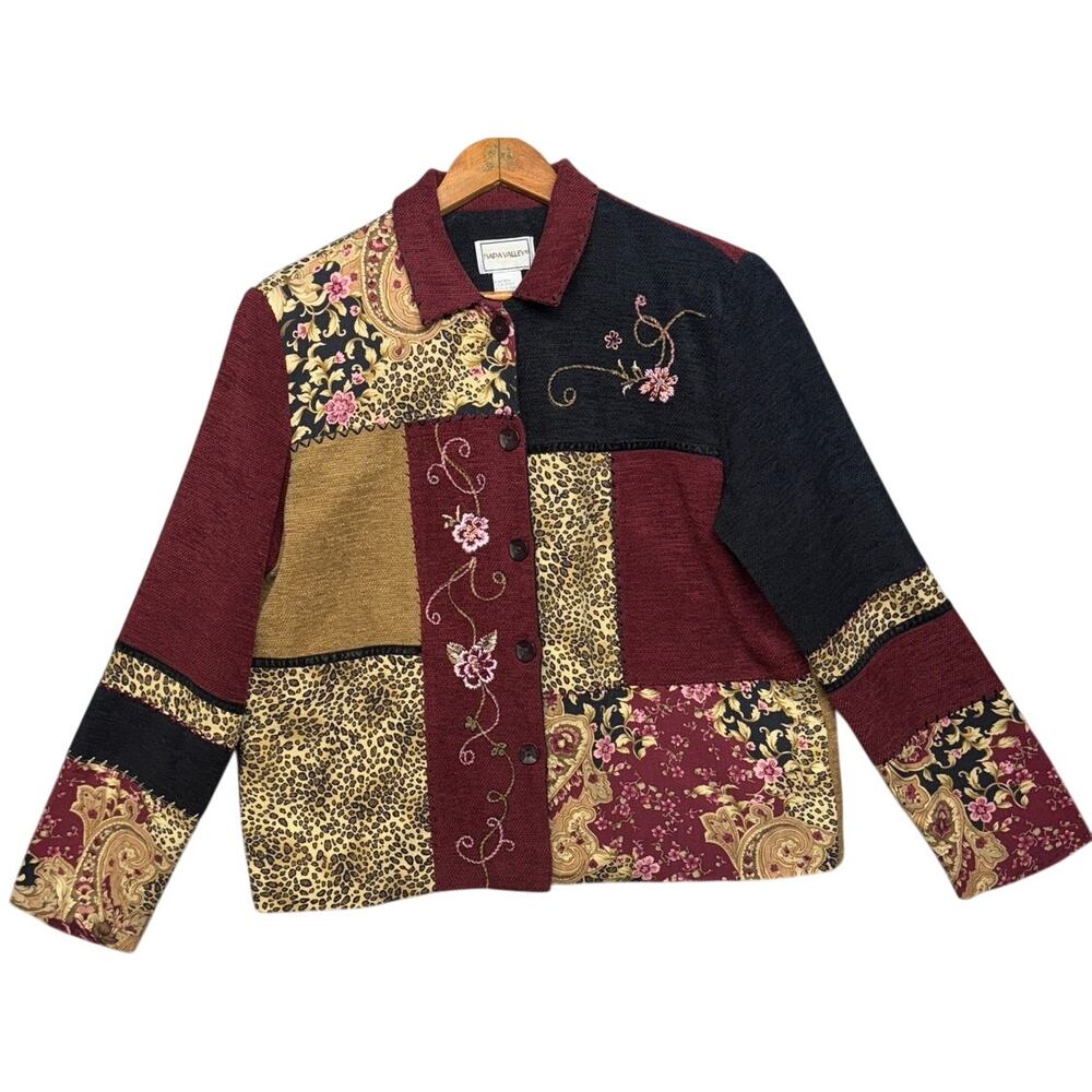 Napa Valley Vintage 90s Floral Animal Block Quilted Button Up Shacket Women M